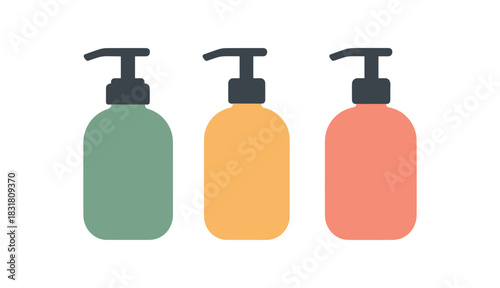 Flat vector illustration refillable pump dispensers for soap and lotion rounded silhouettes zero contain