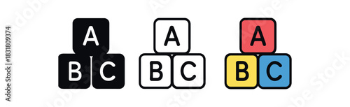 building blocks icons three stacked toy silhouettes with simple letter and dot shapes one flat solid monochrome one thin black outline black and white one full color flat icon red and blue