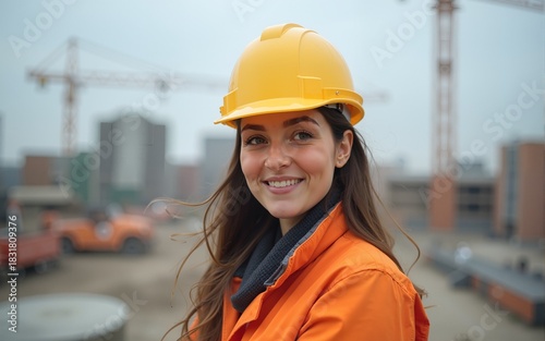 Portraits of a female engineer at construction site. High quality