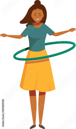 Young woman twirling hula hoop around her waist, exercising and having fun