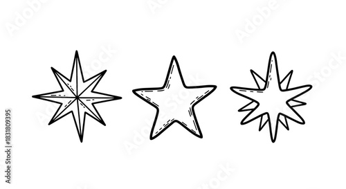 Three hand-drawn star illustrations in different styles  