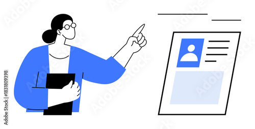 Identification concept. Visual ation of a person interacting with a digital profile or resume. Identification and authentication of personal credentials. Great for HR, digital profiles, technology