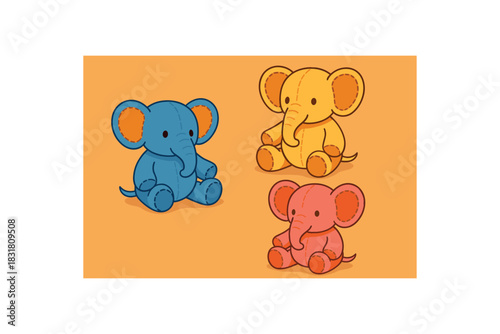 Flat vector illustration plush elephants with simple stitched ears rounded silhouettes bright colors