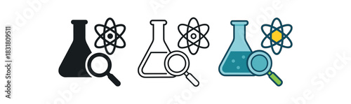 kids science icons three beaker magnifying glass and atom silhouettes grouped one flat solid monochrome one thin black outline black and white one full color flat icon blue green and
