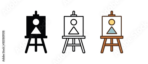 art easel icons three easel silhouettes with simple painting shapes one flat solid monochrome one thin black outline black and white one full color flat icon warm wood and pastel paint tones