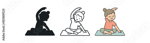 kids yoga icons three child figure silhouettes simple poses on mat one flat solid monochrome one thin black outline black and white one full color flat icon calm pastel colors