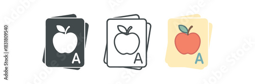 flashcard icons three card silhouettes with simple picture and letter hint one flat solid monochrome one thin black outline black and white one full color flat icon soft educational palette