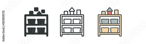 playroom storage icons three toy shelf silhouettes with bins and blocks one flat solid monochrome one thin black outline black and white one full color flat icon muted pastel tones