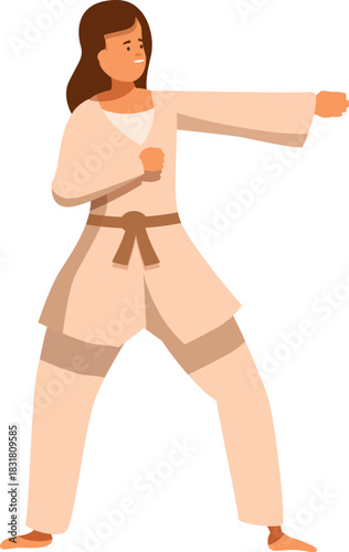 Karate practitioner wearing kimono and belt is performing a karate punch during training