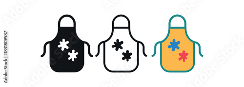 art apron icons three small apron silhouettes with tiny paint splashes one flat solid monochrome one thin black outline black and white one full color flat icon bright playful palette