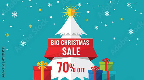 Festive Christmas sale banner with white tree, colorful gift boxes, snowflakes, and red ribbon announcing “BIG CHRISTMAS SALE 70% OFF” on blue background. Perfect for holiday promotions and marketing.