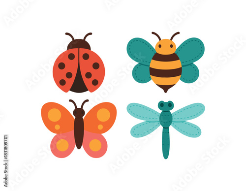 Flat vector illustration 4 textile insects (ladybug bee butterfly dragonfly) rounded shapes bright palette