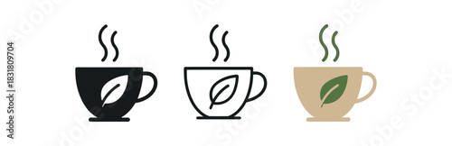 herbal tea cup icons three tea cup silhouettes with rising steam and leaf one flat solid monochrome one thin black outline black and white one full color flat icon beige and green