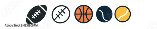 kids sports icons three small ball silhouettes for football basketball and tennis one flat solid monochrome one thin black outline black and white one full color flat icon sporty primary