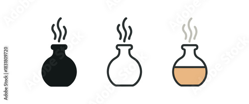 aromatherapy diffuser icons three small diffuser bottle icons with vapor lines one flat solid monochrome one thin black outline black and white one full color flat icon soft wood and white