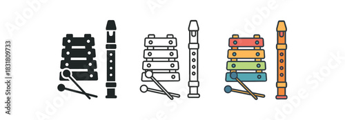 music lesson icons three grouped small xylophone recorder and note silhouettes one flat solid monochrome one thin black outline black and white one full color flat icon cheerful classroom