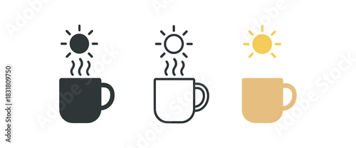 cozy morning coffee icons three mug icons with sun symbol and steam one flat solid monochrome one thin black outline black and white one full color flat icon beige and white