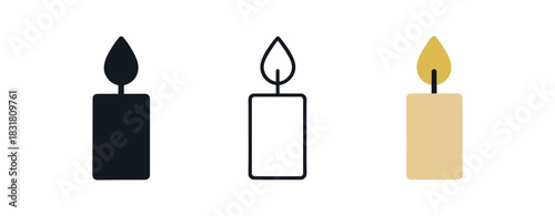 candle flame icons three minimalist candle icons with tiny flame above one flat solid monochrome one thin black outline black and white one full color flat icon beige and gold