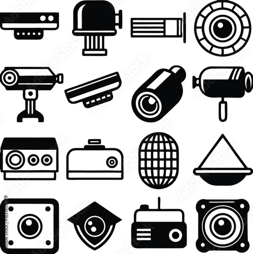 Assorted security camera icons showcasing surveillance technology, ideal for safety and protection designs, originally designed as a vector graphic