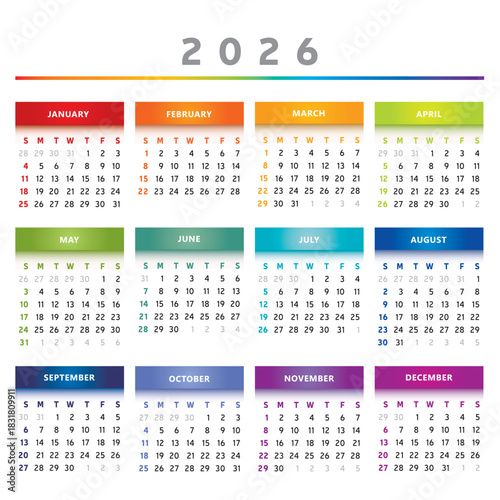 Calendrier 2026 en Anglais - Couleurs Arc-en-Ciel Format 4 Colonnes 4 Trimestres Vecteur