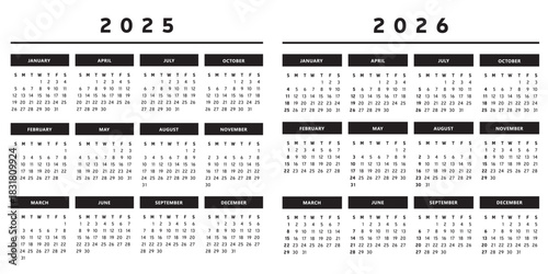 Calendrier 2025 et 2026 en Anglais - Couleurs Noir et Blanc Format 4 Trimestres Vecteur