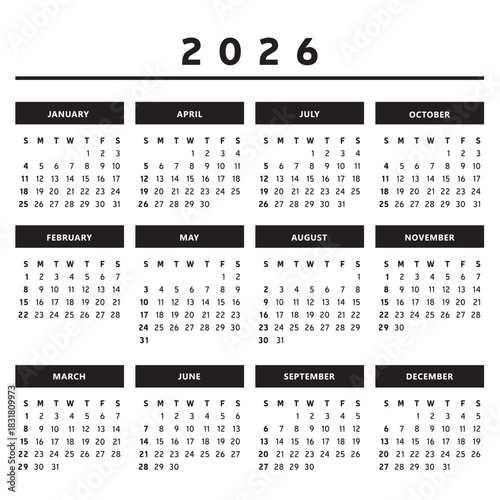 Calendrier 2026 en Anglais - Couleurs Noir et Blanc Format 4 Colonnes 4 Trimestres Vecteur