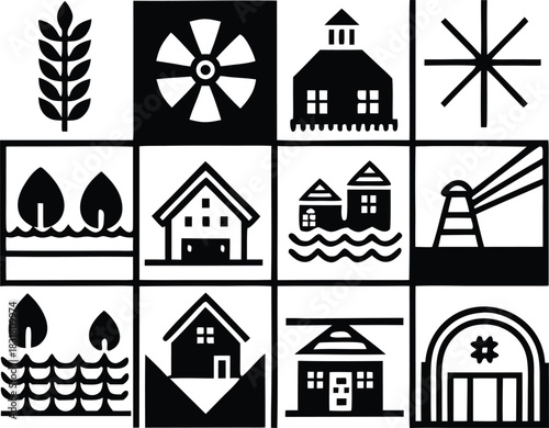 Discover sustainable living with these minimalist icons showcasing agriculture, renewable energy, cozy homes, and coastal life celebrating the future of eco-friendly communities
