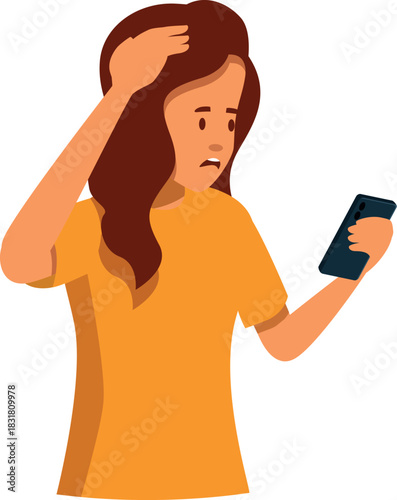 Girl feeling confused while using mobile phone, receiving shocking message, experiencing negative emotions, online scam concept