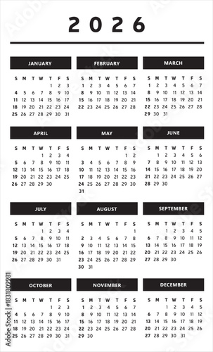 Calendrier 2026 en Anglais - Couleurs Noir et Blanc Format 3 Colonnes 4 Trimestres Vecteur