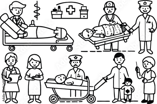 Dynamic line art illustration showcases medical professionals and patients in various hospital scenarios offering a clean, minimalist design perfect for healthcare concepts