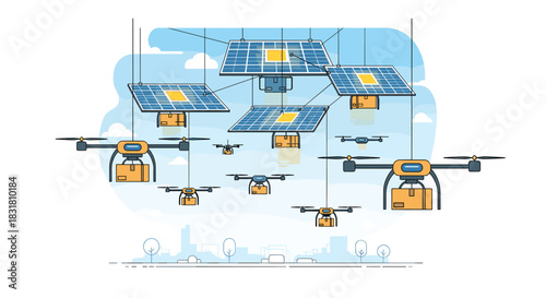 Drones Delivering Packages from Solar Powered Stations, Generative AI.