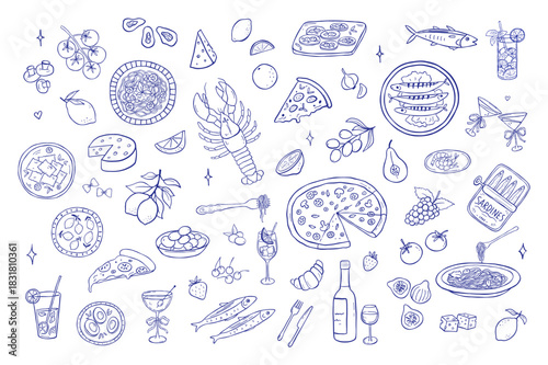 Mediterranean food doodles collection with strawberry, ravioli, salmon and vegetables line set. Vintage sketch summer elements perfect for menu or beach party designs. Dinner dish on plate and drink