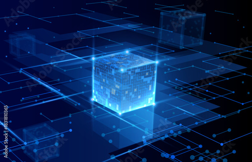 Luminous techno cube acting as a data core or energy source with dynamic glow effects. Designed for science fiction book covers, VR environment textures, tech conference visuals, and hologram displays