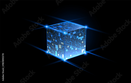 Luminous techno cube acting as a data core or energy source with dynamic glow effects. Designed for science fiction book covers, VR environment textures, tech conference visuals, and hologram displays