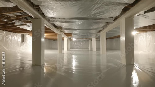 Bright and clean crawl space in a home with plastic sheeting and bright lights during renovation