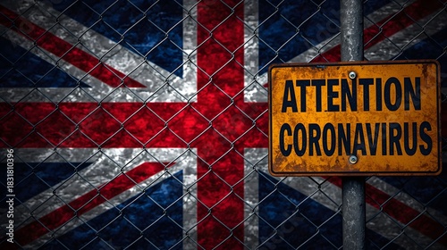 Attention Coronavirus sign with Union Jack flag behind chain link fence