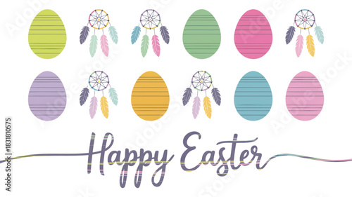 Boho pattern grid of stylized eggs with abstract organic shapes and lines