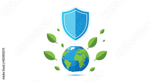 Earth protection shield with green leaves symbolizing environmental safety, Generative AI.