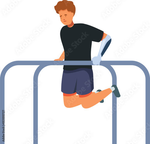 Young man with prosthetic arm exercising on parallel bars, demonstrating resilience and strength in sports