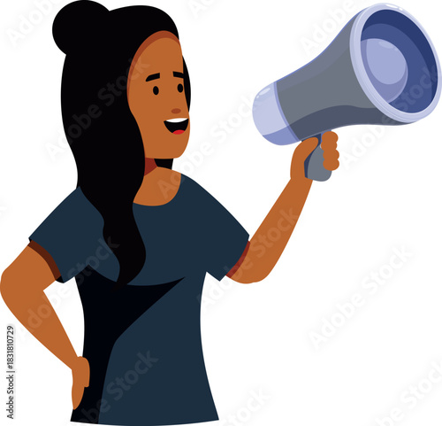 Young woman is holding a megaphone and speaking at a protest or demonstration