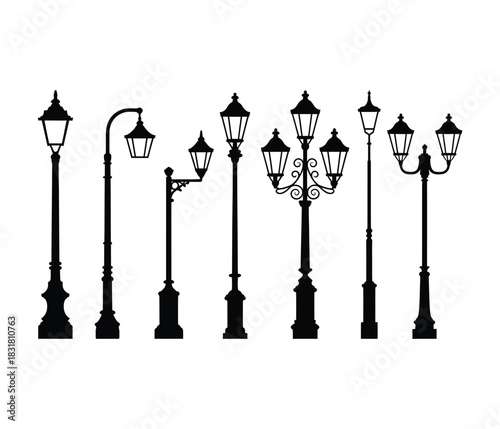 Collection of various black silhouette vintage and antique street lamp post designs