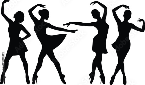 Elegant female dancer silhouettes performing graceful artistic poses in high heels, expressive movement, modern dance styling, isolated on clean background