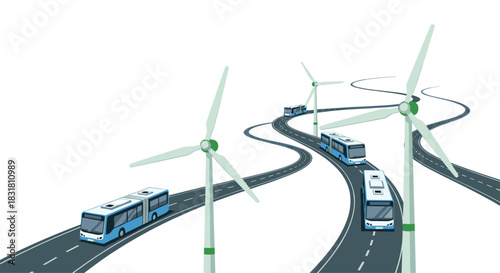 Electric Buses Driving on Winding Road with Wind Turbines, Generative AI.