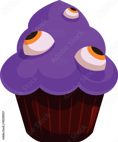 Spooky halloween cupcake with purple icing and candy eyeballs staring out, perfect for a spooky celebration