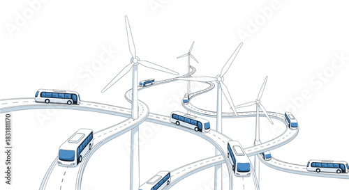 Electric buses driving on winding roads surrounded by wind turbines, Generative AI.