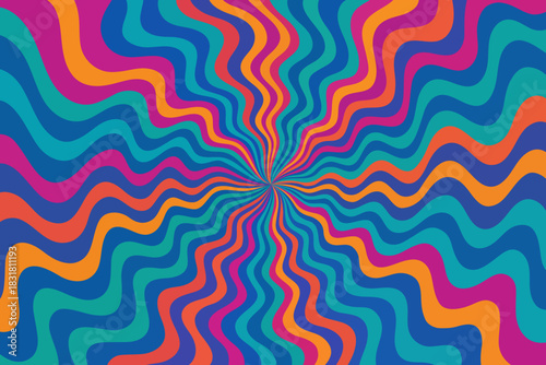 Swirl groovy starburst stripe rainbow background pattern for retro mood. Retro spiral and starburst with sun for posters and web or print. Abstract psychedelic burst wavy design by lines.