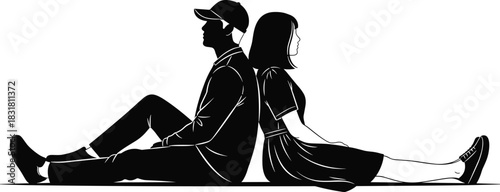 Silhouette of boy and girl sitting back to back on the ground, expressing calm emotion, relationship concept, peaceful moment, minimal black illustration
