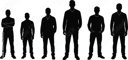Silhouetted male figures standing in different casual poses, isolated on white background, representing diversity, fashion style, body posture, modern masculine presence