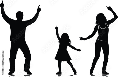 Silhouettes of a joyful family dancing together, expressing happiness, fun, movement, unity, celebration, energetic lifestyle, and playful activity on a white background