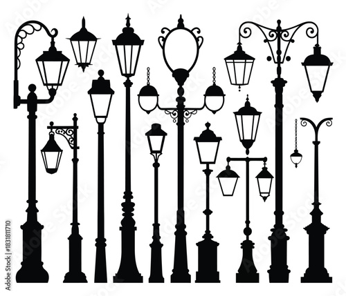 Collection of various vintage and classic black silhouette street lamps and lanterns